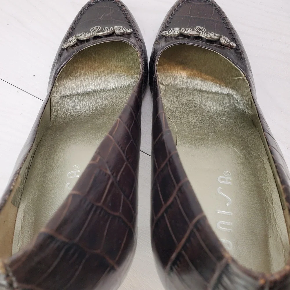 Unisa Castle Dark Brown Croc Embossed Leather Pumps‎ W 10B 90s Y2K Office Siren